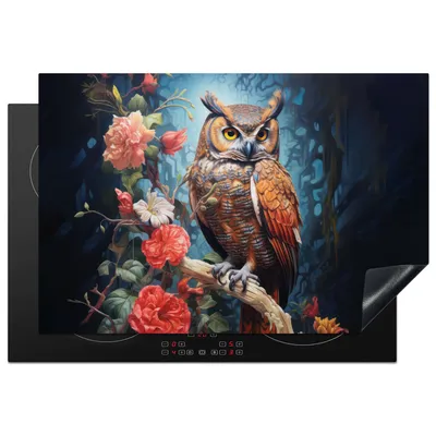 Produktbild von KitchenYeah© Herdabdeckplatte Eule - Blumen - Vögel - Rosa , 78x52cm, Küche Deko, Glaskeramikkochfeld Herdabdeckung, Abdeckplatte fùr Kochfeld
