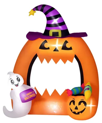 Obrázek produktu pro Halloween, nafukovací dekorace ve tvaru dýně – dekorativní průchod – výška 150 cm – LED osvětlení – motiv "strašidelná tvář" – materiál: plátno – vhodné pro zahradu a vchod – vícebarevné