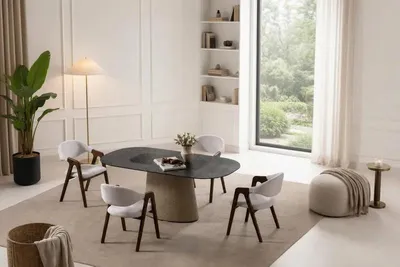 Immagine prodotto di Tavolo da pranzo ovale dal design moderno, con finitura effetto pietra