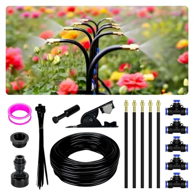 Produktbild von 360° Einstellbares Gartenbewässerungssystem, Gartenbewässerungsschlauch Kit 5M mit 5 Düsen, Tropfbewässerung Misting Kühlsystem für Balkon, Hochbeet, Gewächshaus und Terrasse