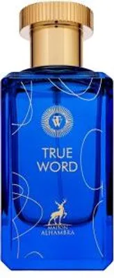 A product shot of a blue perfume bottle with a gold cap.