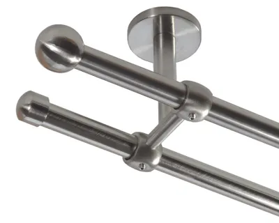 Produktbild von Gardinenstange Set Edelstahl Look Metall Ø 16mm Deckenbefestigung 2-lauf Kugel, Länge wählbar D21 E22 E17