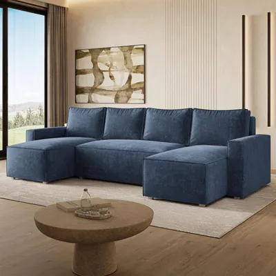 Produktbild von Masseno Ecksofa ASPRA LM mit Schlaffunktion U-Form, Sofa mit Bettkasten, Wohnzimmersofa, Couch, Soffa, Bettsofa, Couchgarnitur- Blau, LUMO 05