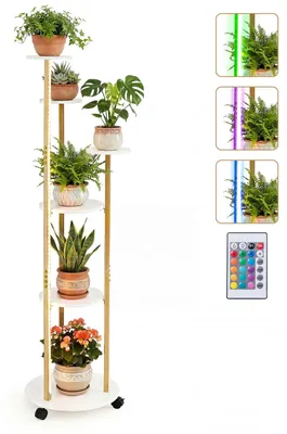 Image de Support à fleurs COSTWAY, étagère à plantes à 6 niveaux avec éclairage LED et roulettes, étagère d'extérieur pour plantes, escalier à fleurs pour balcon (blanc)