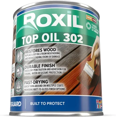Produktbild von Roxil 302 Holzöl für den Außenbereich (500 ml) - Schützt Holz vor Feuchtigkeit - Holzschutzöl ideal für Gartenmöbel, Schuppen, Zäune und Pflanzengefäß