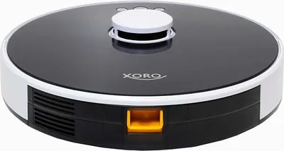 A robotic vacuum cleaner is shown from a slightly elevated angle against a white background.