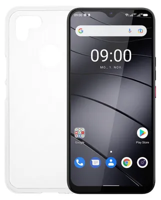 A smartphone with a clear protective case shown next to it.