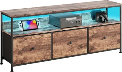 Zdjęcie produktu dla Podstawa pod telewizor LED, 108 cm, z szufladami i półką z tkaniny, niska podstawa pod telewizor z miejscem do przechowywania w salonie, drewno