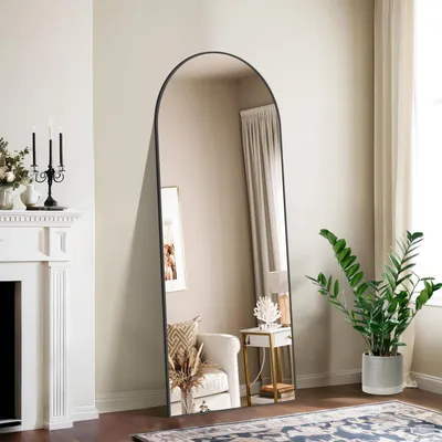 Image de Miroir mural corporel, forme en arc, 165 x 60 cm. Miroir sur pied avec cadre en aluminium noir