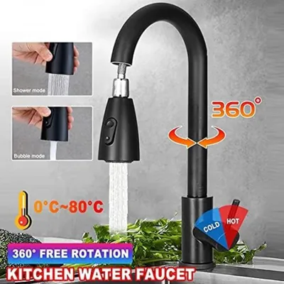 A black kitchen faucet with water flowing, surrounded by text and graphics highlighting its features.