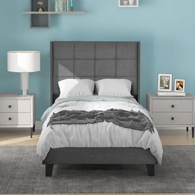 Produktbild von Grau 90x200cm Modernes Design Polsterbett (Ohne Matratze) Leinen Mit seinem gepolstertes Kopfteil Einzelbett mit Lattenrost