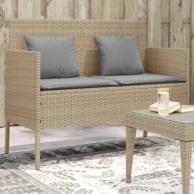 Produktbild von Design Gartenbank mit Kissen Beige Poly Rattan, Gartenbänke 2024 Neu