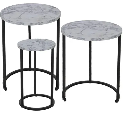 3er-Set runde Beistelltische, Holz/Metall, Schwarz/Marmor, 48x58 cm