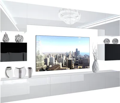 Produktbild von BELINI Wohnwand Vollausstattung Wohnzimmer-Set Moderne Schrankwand mit LED-Beleuchtung Weiß Glänzend Anbauwand TV-Schrank Weiß / Schwarz Glänzend