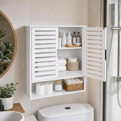 Produktbild von Badschrank Badezimmerschrank mit 2 Türen, Bambus Hängeschrank Wandmontage, Aufbewahrungsschrank Weiß, 57 x 20 x 66 cm