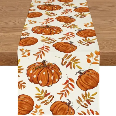 Zdjęcie produktu dla Bieżnik jesienny, 40x180 cm, kolor pomarańczowy, wykonany z lnu, wzór dyni, wodoodporny, można prać