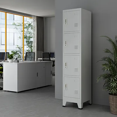 An office environment with desks, computers, and a tall locker unit.