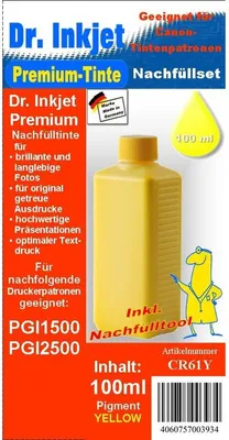 Produktbild von CR61Y - Yellow - Dr.Inkjet Premium Nachfülltinte 100ml für Canon Druckerpatronen für PGI-1500 + PGI-2500 inkl. Dr.Inkjet Nachfülltool