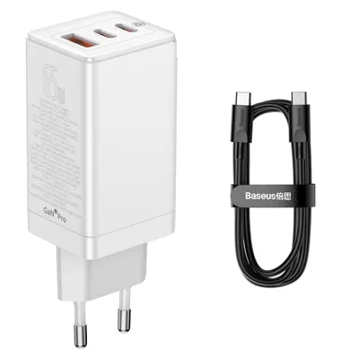 Immagine prodotto di Baseus GaN3 Pro caricatore universale veloce GaN 2 x USB tipo C / USB + cavo USB tipo C - USB tipo C 65W PD3.0, QC4.0+, AFC bianco