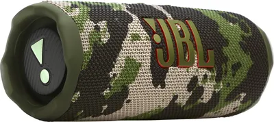 A JBL Flip 7 speaker with a camouflage pattern.