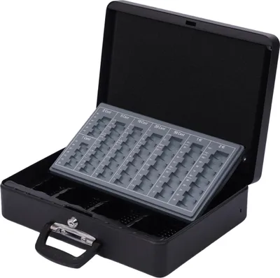 Obrázok produktu pre Relaxdays uzamykateľná pokladnička, priehradka na mince, priehradka na bankovky, pokladnička s uchom, VxŠxH: 10x37x28 cm, železo, čierna