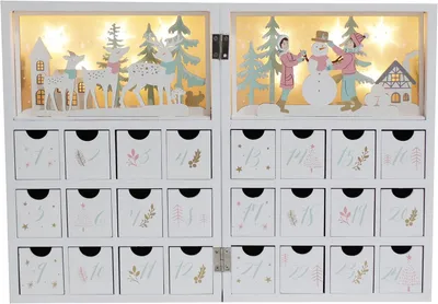 Immagine prodotto di Calendario dell'Avvento natalizio in legno con 24 cassetti - Calendario natalizio illuminato con scena di un villaggio