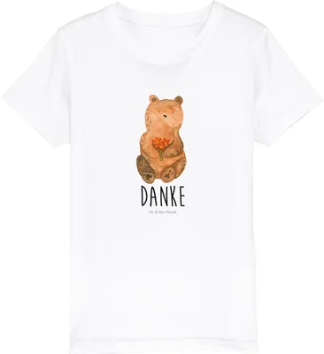 Produktbild von Mr. & Mrs. Panda Kleinkinder T-Shirt Bär Dankbar 3-4 Jahre (98/104) - Weiß - Geschenk, Dankeschön, Teenager, Organic Kinder, Mädchen, Teddy, Danke, Kindershirt, Blumen