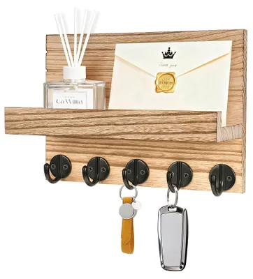 Produktbild von Schlüsselbrett mit Ablage, dekoratives Wandregal aus Holz mit 5 Schlüsselhaken, für Eingangsbereich, Flur, Schlafzimmer, Wohnzimmer (Holzfarbe)