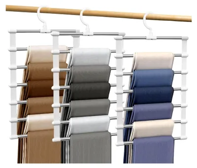 Produktbild von Platzsparende Hosenbügel 6 in 1, 2er-Pack mehrlagige Metall-Hosenbügel für Damen, 360° drehbarer Kleiderschrank-Organizer für Röcke, Jeans, Kleidung, Krawatten, Gürtel, Schals und Handtücher