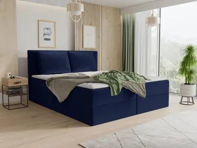 Produktbild von Boxspringbett Egro mit 2 Bettkästen und Zwei große Kissen - Doppelbett mit Bonell-Matratze und Topper, Polsterbett (Dunkelblau (Kronos 09), 140 x 200 cm)