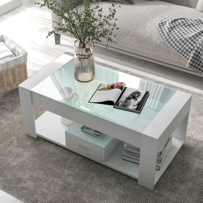 Obrázek produktu pro Abrihome 100 x 50 x 40 cm Moderní konferenční stolek se skleněnou deskou a velkým úložným prostorem, bílý
