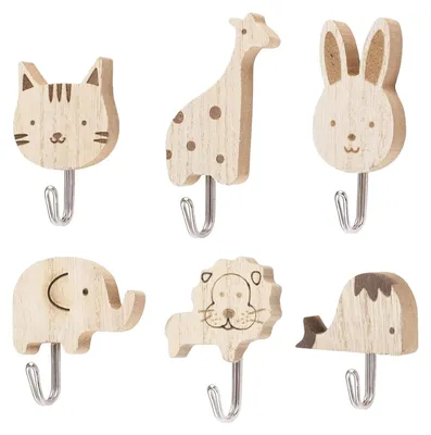 Imagen del producto de Ganchos de madera para colgar, juego de 6 unidades, con forma de animales, ideales para habitaciones infantiles