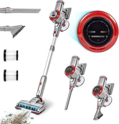 A cordless vacuum cleaner and its accessories are displayed against a white background, with a close-up of the display screen.