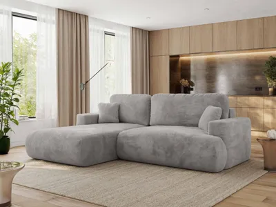 Produktbild von MKS MEBLE Ecksofa OVO mit Schlaffunktion und Bettkasten, Hellgrau Plüsch, L-form Couch, 4-Sitzer Ecksofa, 271x195x95 cm - Links Seite