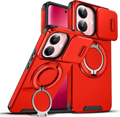 Image de Etui double couche pour Vivo V60 Lite 5G, avec cache-appareil photo coulissant et anneau magnétique Rouge
