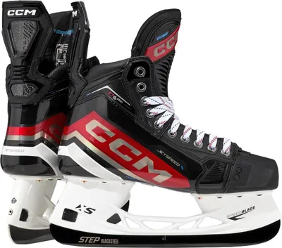 A pair of CCM Jetspeed FT6 Pro ice hockey skates for seniors, shown from a side-diagonal angle against a white background.