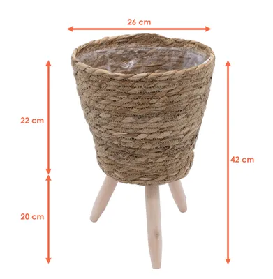 Obrázok produktu pre Stojan na kvety zo slamy vo vnútri s fóliou sada 2 ks - Ø 26 a 23 cm - Ratanový stojan na rastliny s 3 drevenými nohami - Dekoratívny kvetináč Kvetináč s nožičkami na