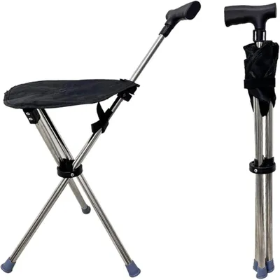 Image de Canne-siège pliable en aluminium noir avec siège, canne de randonnée : 68-90 cm, multifonctionnelle, antidérapante, télescopique, fermeture rapide, pour seniors.