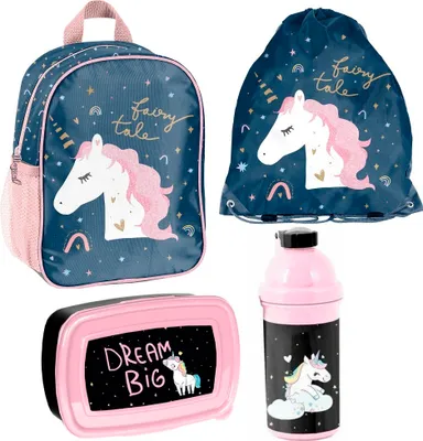 Produktbild von Dívčí batoh 4ks s chlebníkem a lahví na vodu UNICORN / EINHORN Sada pro mateřské školy
