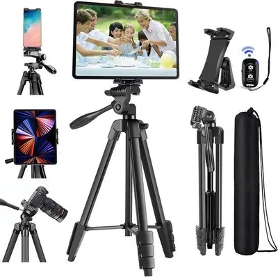 Produktbild von Tablet-Stativ – Telefonhalterung – Für Videoaufnahmen – Verstellbar bis 150 cm – Für Geräte von 4 bis 13,5 Zoll – Schwarz