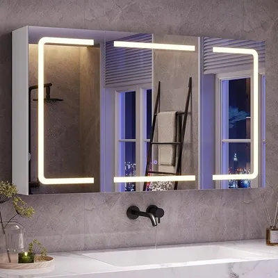 Obrázek produktu pro Zrcadlová skříňka do koupelny, šířka 100 cm, s LED osvětlením, zásuvkou a 3 teplotami barev. Stmívatelná koupelnová skříňka s dotykovým senzorem, rozměry 60×100×16 cm (výška×šířka×hloubka). Zrcadlo + 3 nastavitelné police