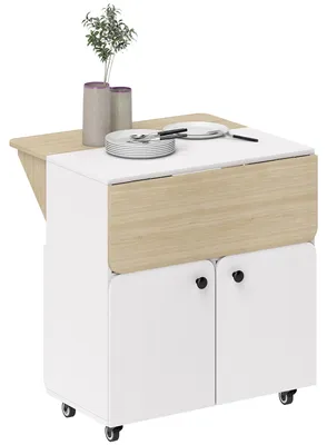 Produktbild von Klappbarer Esstisch auf Rollen, Kš¹chentisch fš¹r 4 Personen, 2 Ausklappplatten, Ablage, Schrank, 70 x 83 x 75 cm, wei?