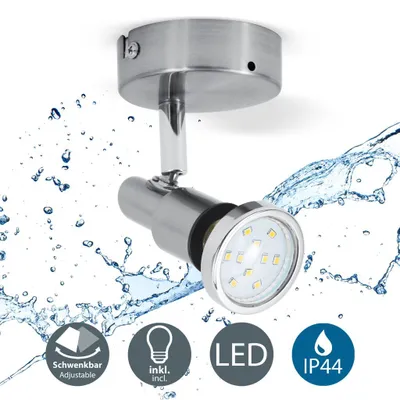 Immagine prodotto di Faretto LED da soffitto o parete orientabile, plafoniera bagno, include lampadina GU10 da 5W, luce calda 3000K, 400Lm, applique resistente agli schizzi d'acqua IP44, metallo color nickel opaco, 230V