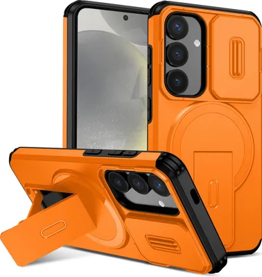 Obrázek produktu pro Magnetické pouzdro pro Samsung Galaxy S25/S24, dvouvrstvé odolné pouzdro s posuvnou ochranou fotoaparátu a nastavitelným stojánkem Oranžová
