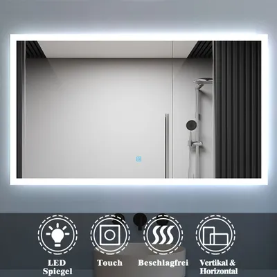 Produktbild von Badspiegel mit Beleuchtung 90x70cm Badezimmerspiegel Kaltweiß Wandspiegel mit Touch-schalter Beschlagfrei IP44 Belair-Serie