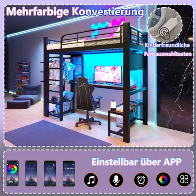 Produktbild von Jugendbett 90×200 mit integriertem Schreibtisch und LED,Hochbett mit Stauraumregal und Wäschetrocknungsstange,Schwarz,ohne Matratze