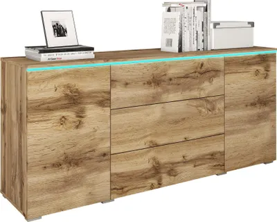 A wooden sideboard with drawers and doors, illuminated by a blue LED strip.