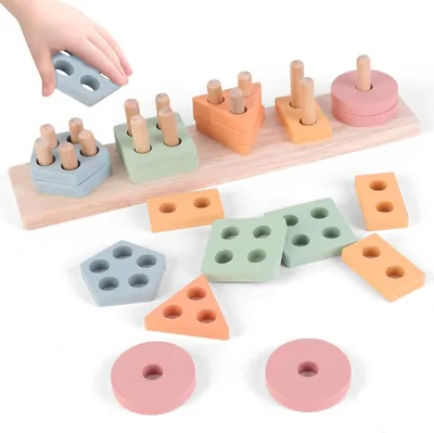 Produktbild von Montessori Holz Stapel- und Sortierspielzeug, für Babys und Kinder ab 3 Jahren, Pastellfarben, Lernaktivität