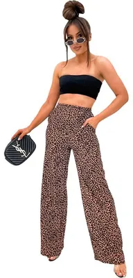 Produktbild von Trendige Damenhose mit Animal Print – Weit geschnitten & super bequem Leobraun/L/XL