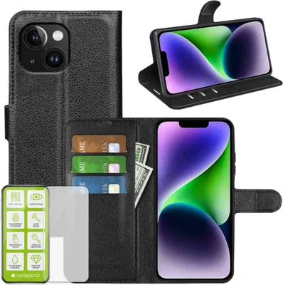 Obrázek produktu pro Pouzdro na mobilní telefon Apple iPhone 15, černé, z umělé kůže + tvrzené sklo H9